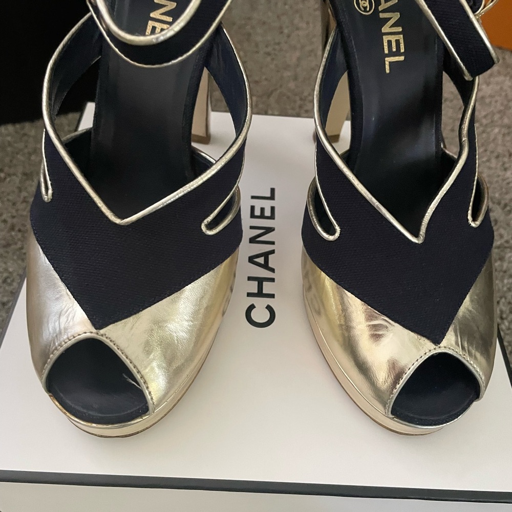 "Navy Canvas Chanel Pumps with Gold Heel - Authentic Luxury on Poshmark" - Picture 3 of 11